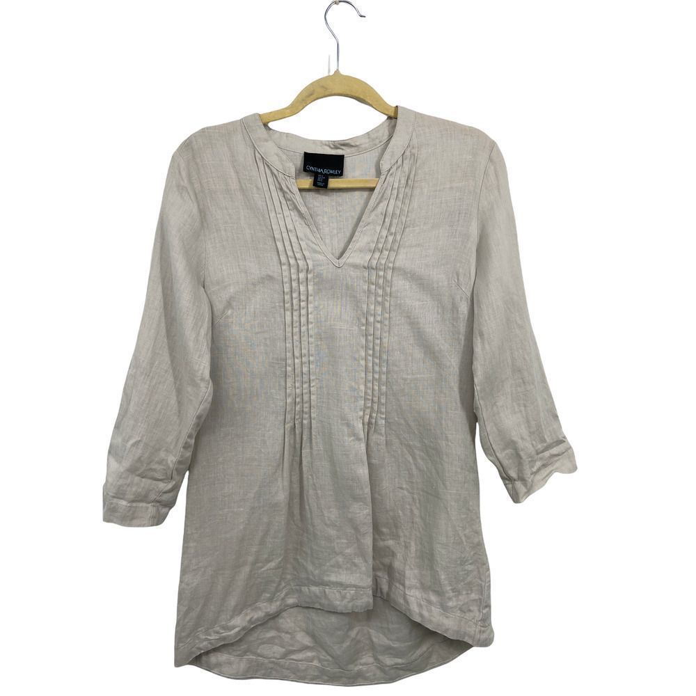 Cynthia Rowley‎ Gray V Neck 3/4 Sleeve Linen High Low Top  Small